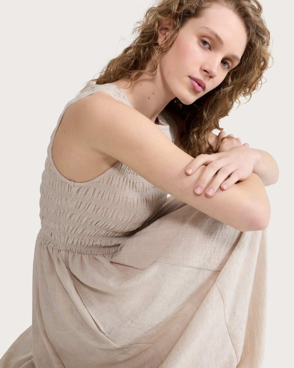 image 1 of F&F Shirred Sleeveless Midi Dress in Neutral