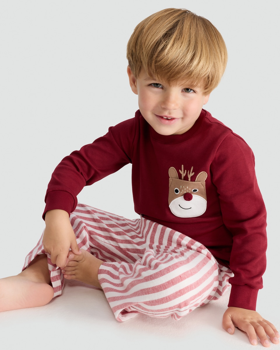 image 1 of F&F Boys Pure Cotton Reindeer Pocket Top and Trousers Pyjamas in Red