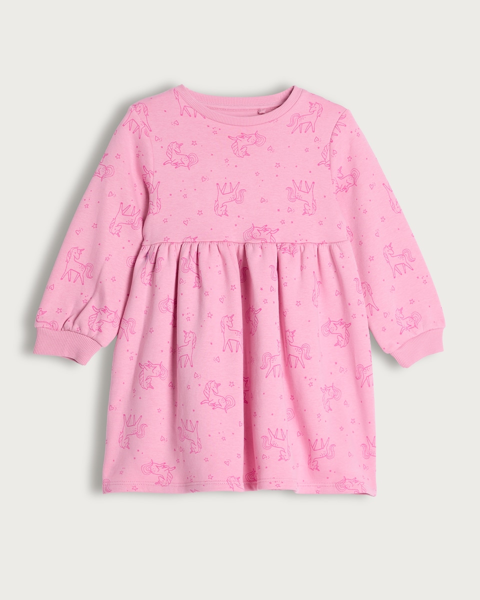 F&F Girls Cotton Rich Unicorn Print Long Sleeved Sweater Dress in Pink