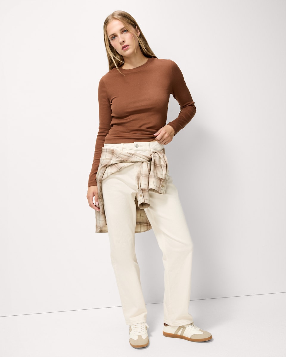 image 1 of F&F Cotton Rich Ribbed Long Sleeved Top in Brown