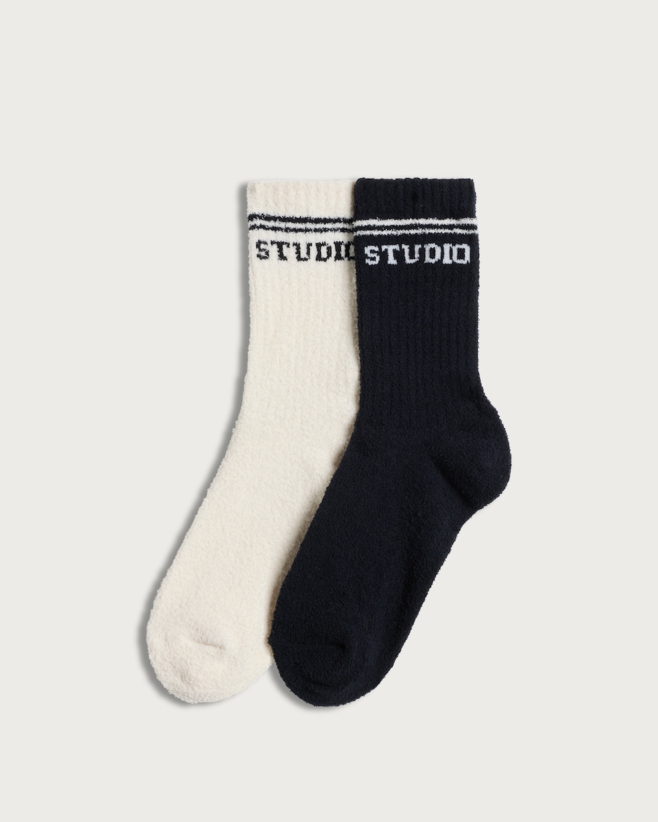 F&F Active 2-Pack Studio Slogan Cosy Socks in Black
