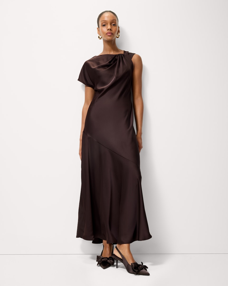 image 1 of F&F Satin Asymmetric Maxi Dress in Brown