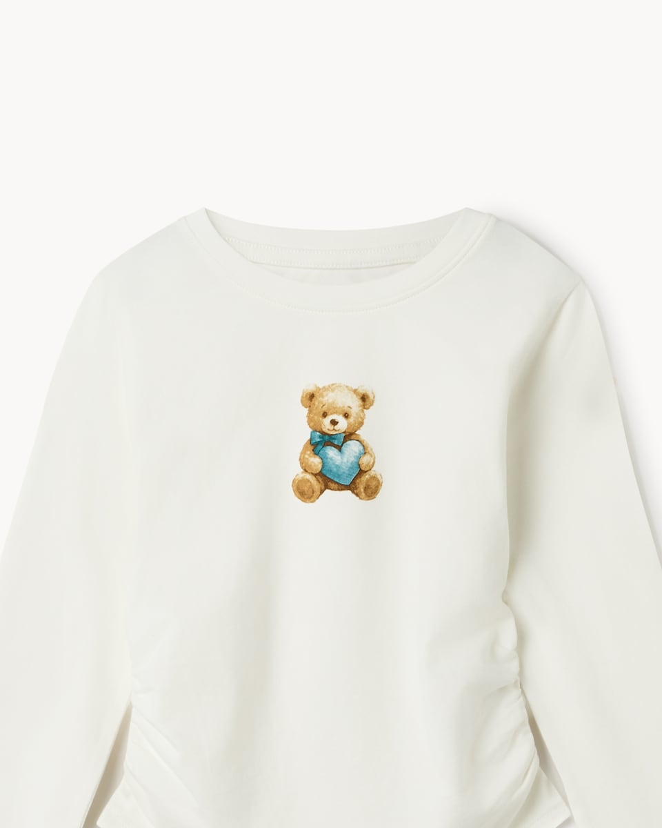 image 1 of F&F Girls Cotton Rich Teddy Bear Ruched Sides Top in White