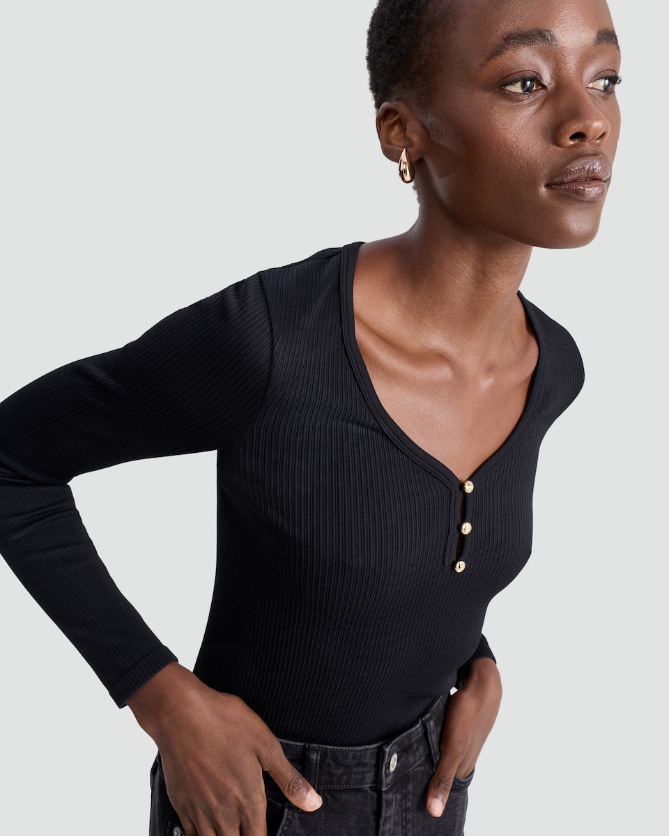 image 1 of F&F Ribbed Seamfree V Neck Button Front Top in Black