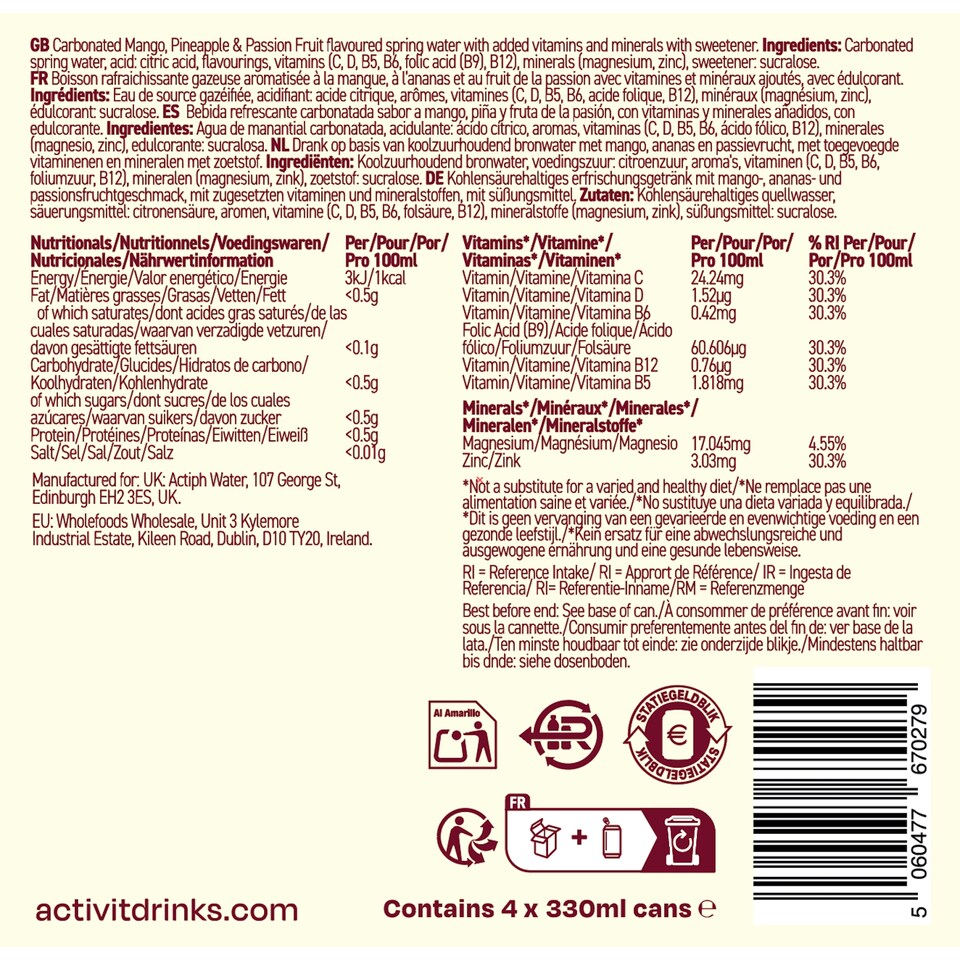 image 1 of Activit Tropical Drink 330Ml X4