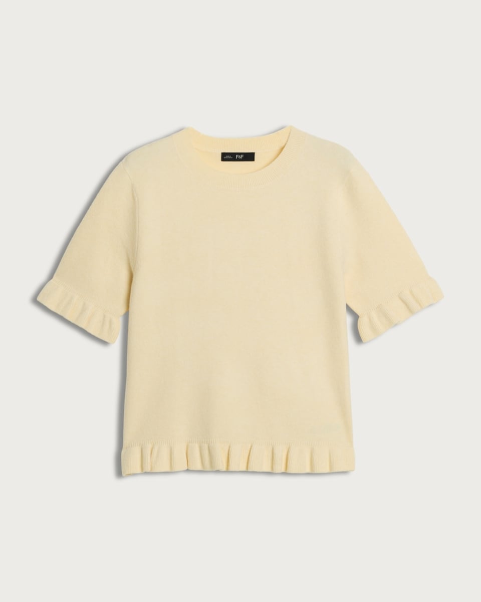 image 1 of F&F Ruffle Trim Short Sleeved Knitted Top in Yellow