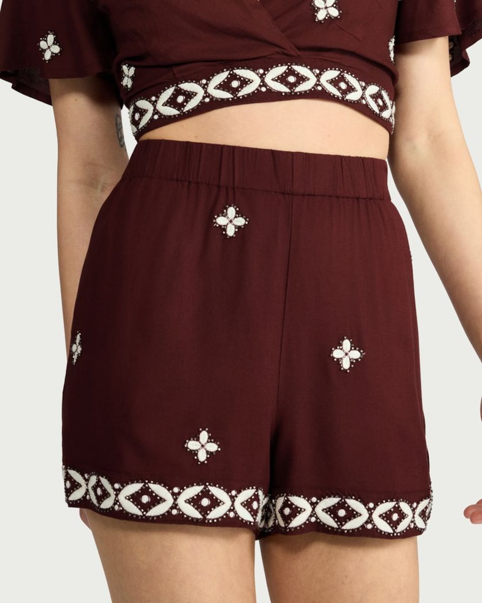 image 1 of F&F Embroidered Beaded Hem Co-ord Beach Shorts in Burgundy