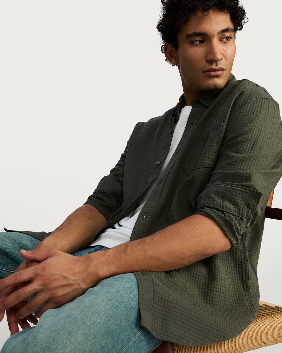 image 1 of F&F Pure Cotton Waffle Textured Button Down Shirt in Khaki