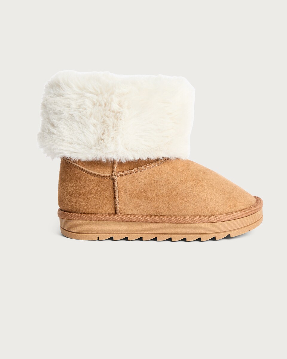 image 1 of F&F Girls Faux Fur Lined Boot Slippers in Tan