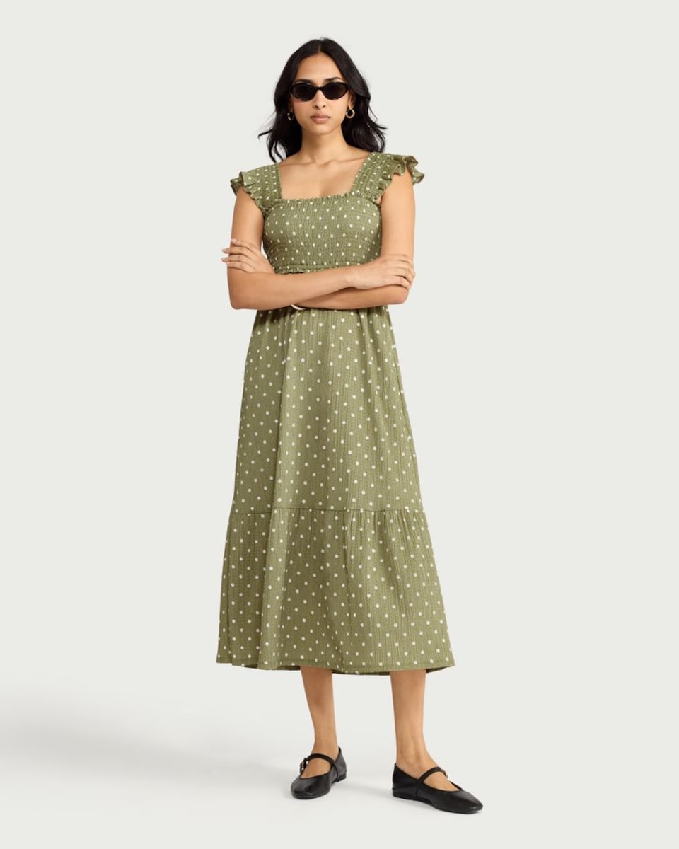 image 1 of F&F Shirred Polka Dot Midi Dress in Green