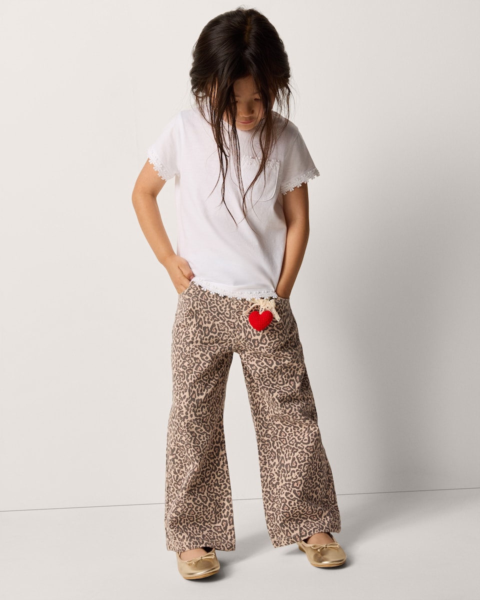 image 1 of F&F Girls Pure Cotton Leopard Print Wide Leg Jeans in Multi Brown
