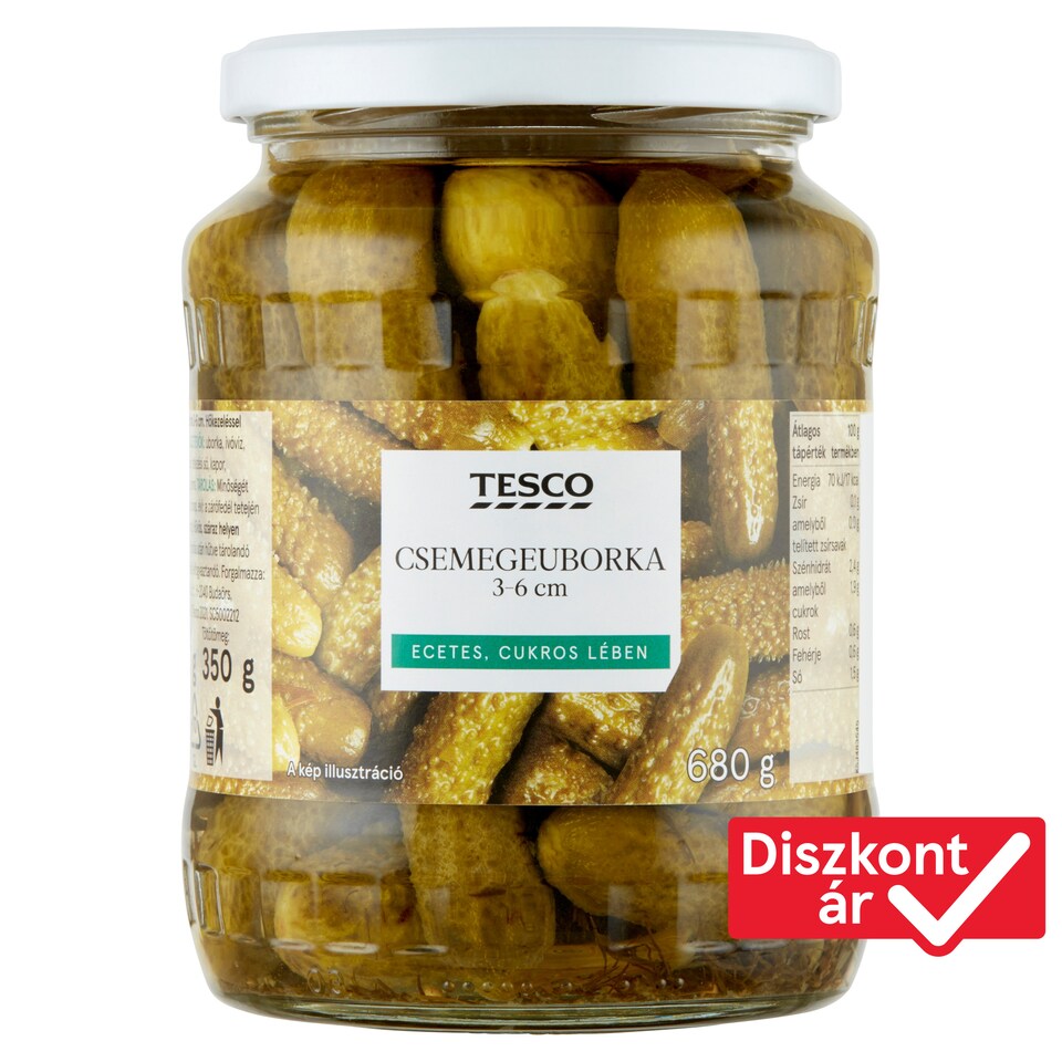 Tesco csemegeuborka ecetes, cukros lében 3-6 cm 680 g