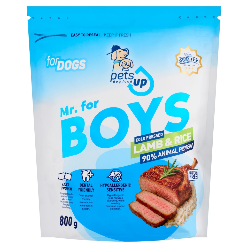 PetsUp Mr. for Boys érzékeny kutyák igényeihez igazodó bárány és rizs alapú prémium kutyatáp 800 g  1. kép