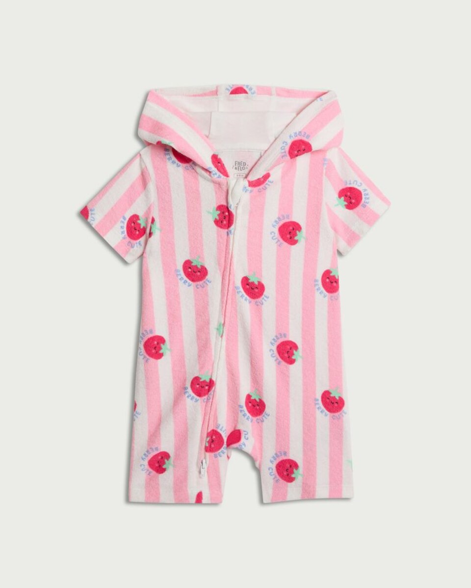 image 1 of F&F Baby Pure Cotton Berry Print Towelled Short Sleeved Romper in Pink