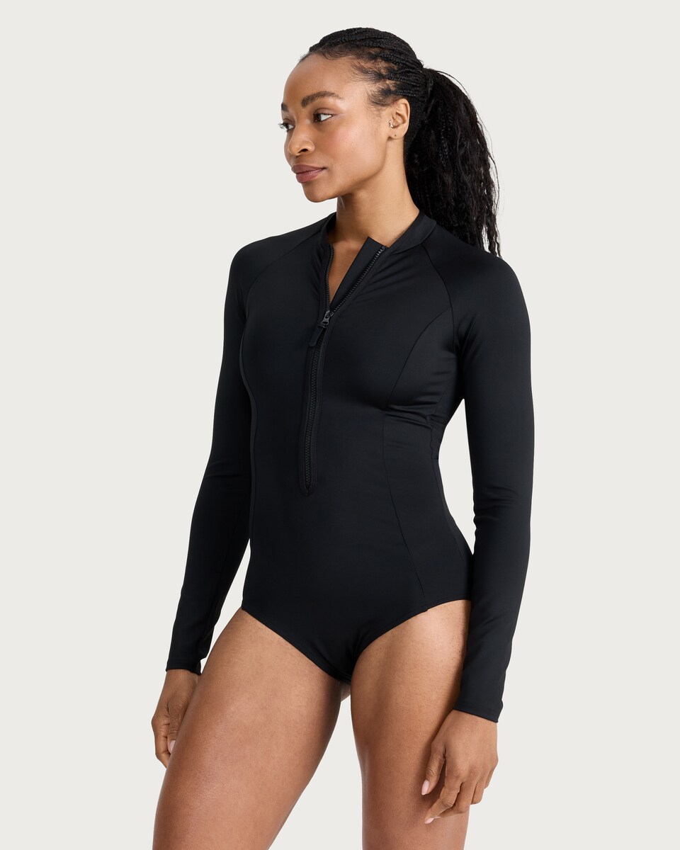 image 1 of F&F Active ULTRASWIM Zip Front Long Sleeved Swimsuit in Black