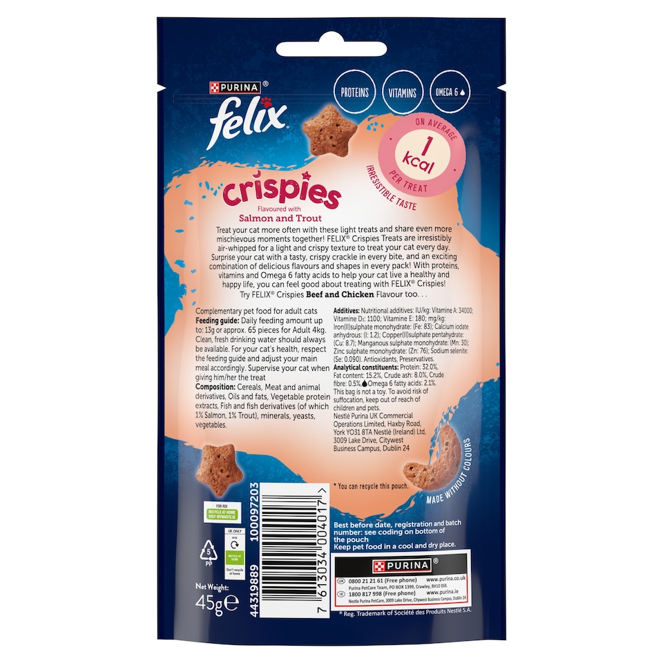 image 1 of Felix Crispies Cat Treats Salmon & Trout 45G