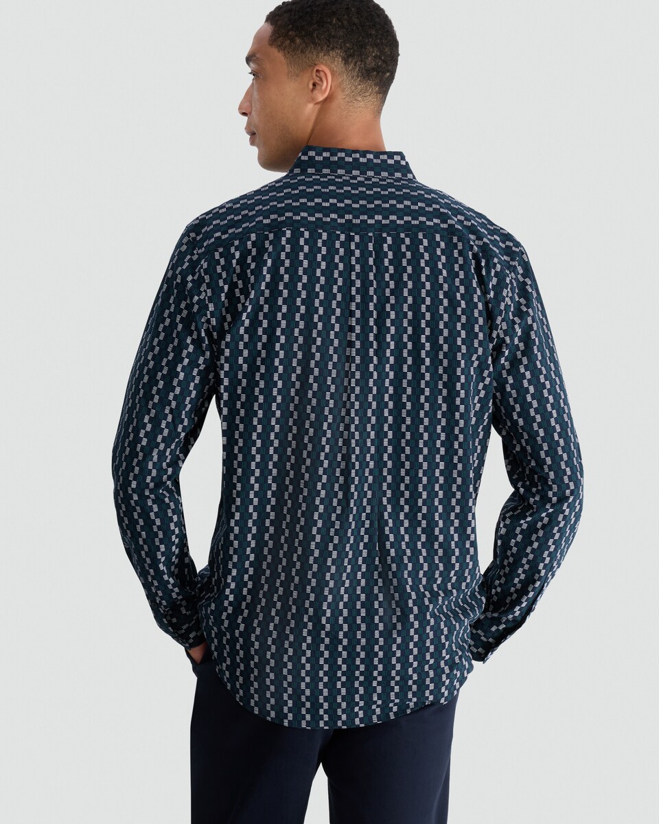 image 1 of F&F Cotton Rich Geometric Print Long Sleeved Shirt in Green