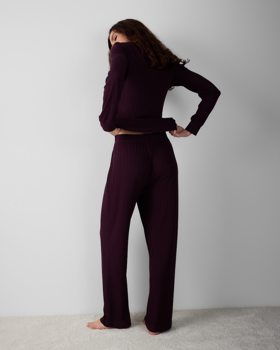 image 1 of F&F Pointelle Cable Henley Pyjama Set in Burgundy