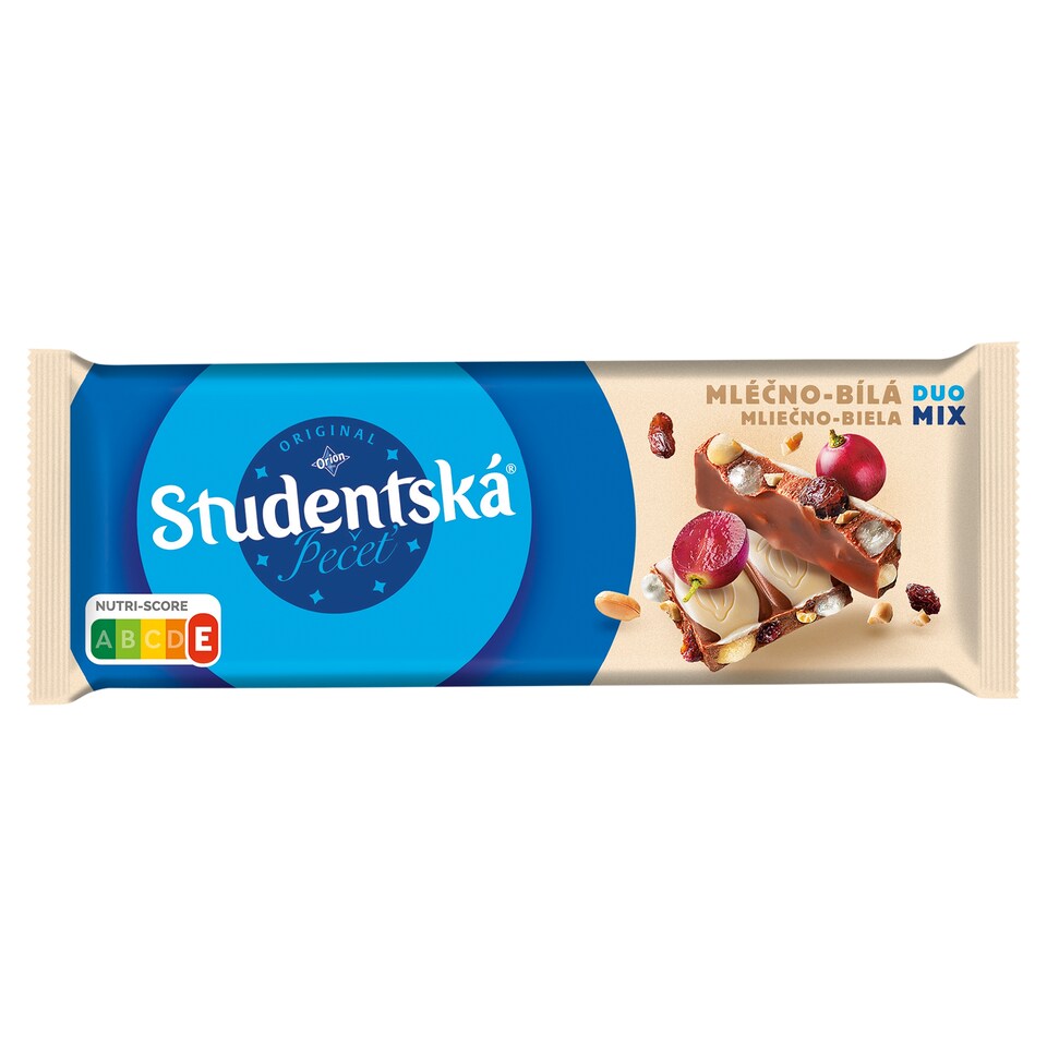 ORION Študentská pečať Milk and White Chocolate with Peanuts, Raisins and Jelly 90 g