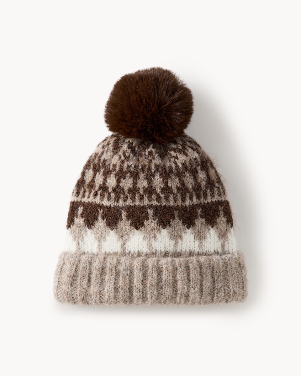 image 1 of F&F Knitted Fair Isle Beanie Hat in Neutral
