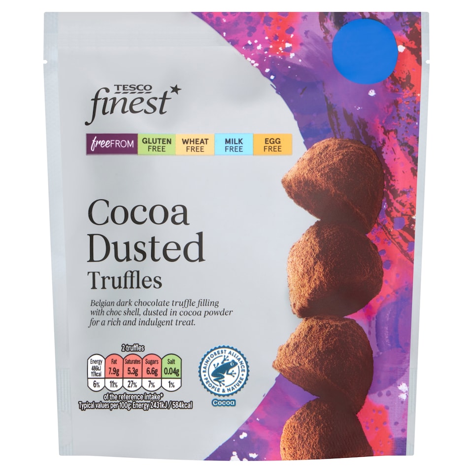 TESCO Finest freeFROM Belgian Chocolate Cocoa Dusted Truffles 100g.
