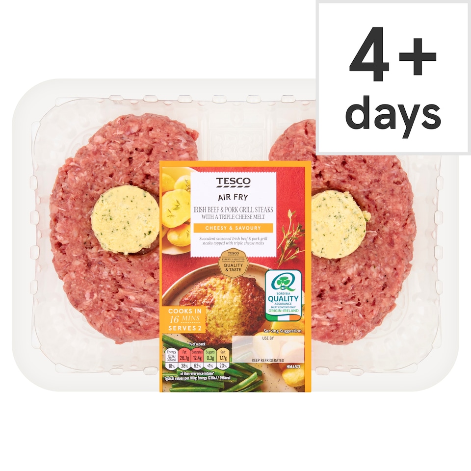 Tesco Irish Beef & Pork Grill Steaks with a Triple Cheese Melt 330g