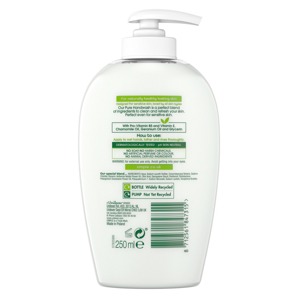 image 1 of Simple Kind To Skin Pure Handwash 250Ml