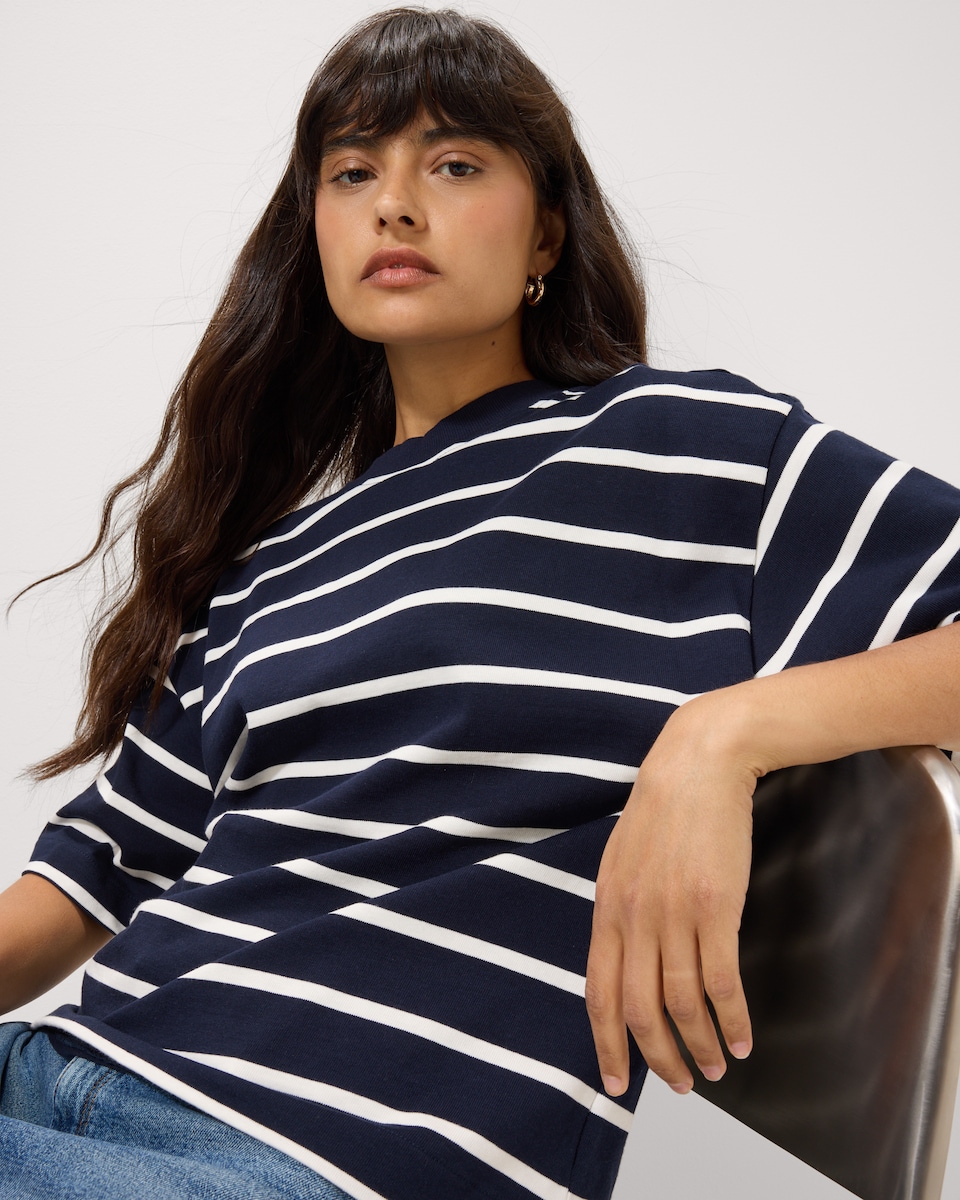 image 1 of F&F Pure Cotton Striped Boxy T-Shirt in Navy