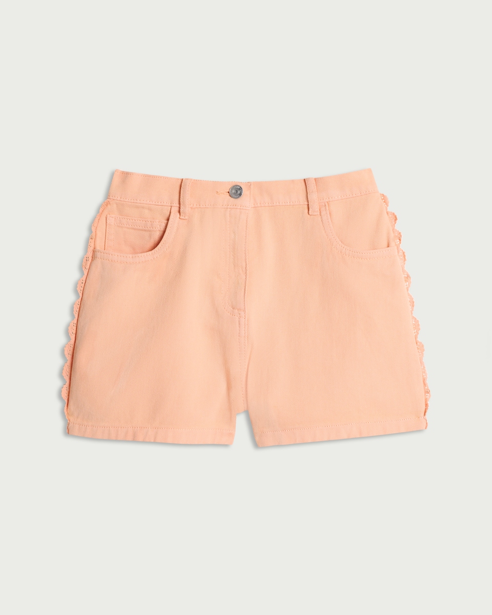 image 1 of F&F Girls Pure Cotton Scallop Trim Denim Shorts in Cream