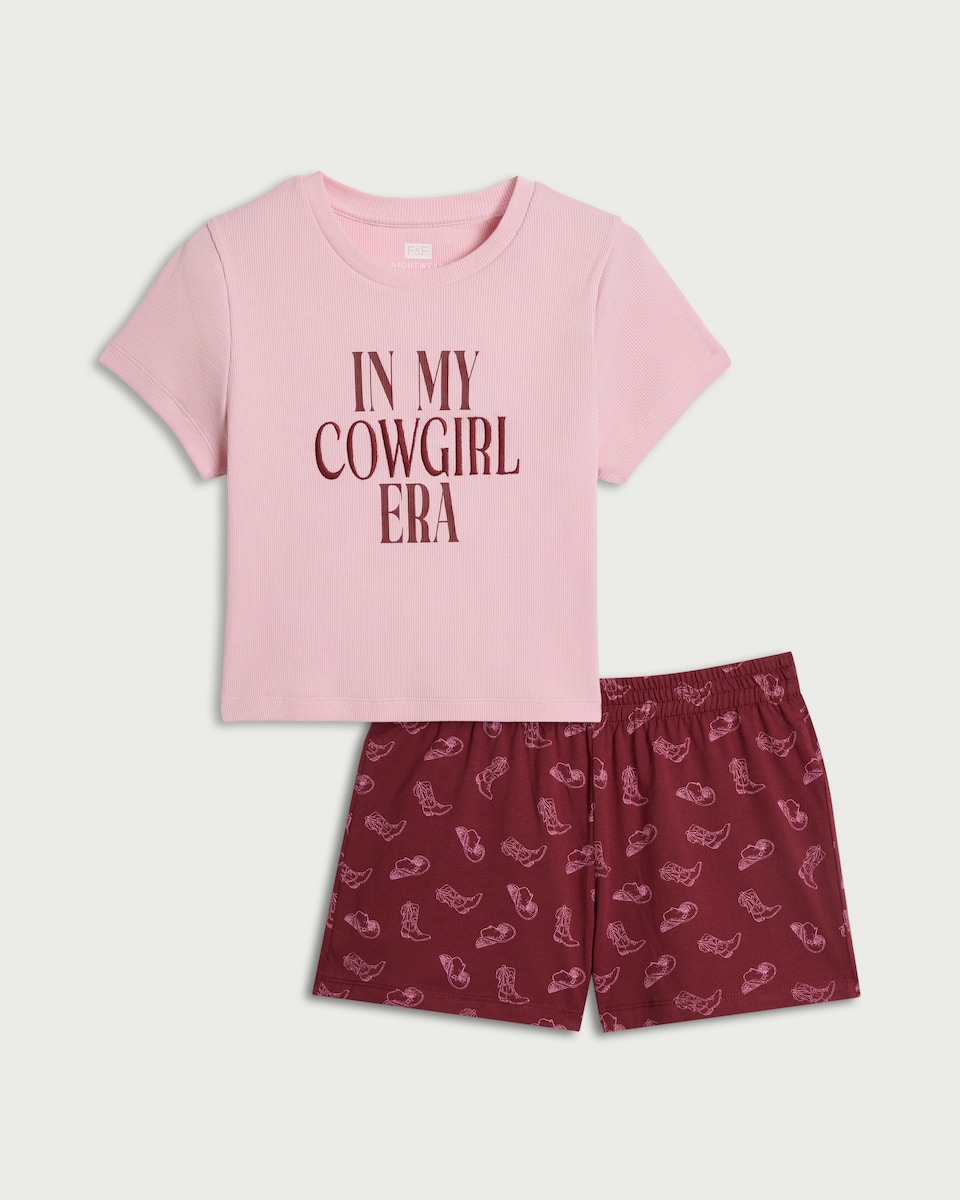 image 1 of F&F 2-Piece Cotton Rich Slogan Short Pyjama Set in Multi Pink