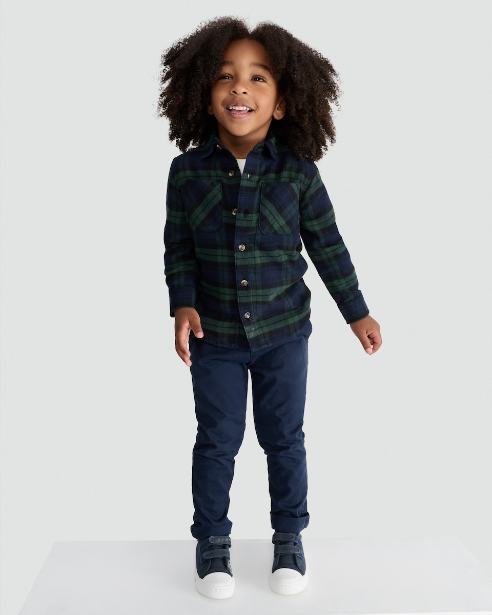 image 1 of F&F Boys Cotton Rich Check Print Long Sleeved Shirt in Green