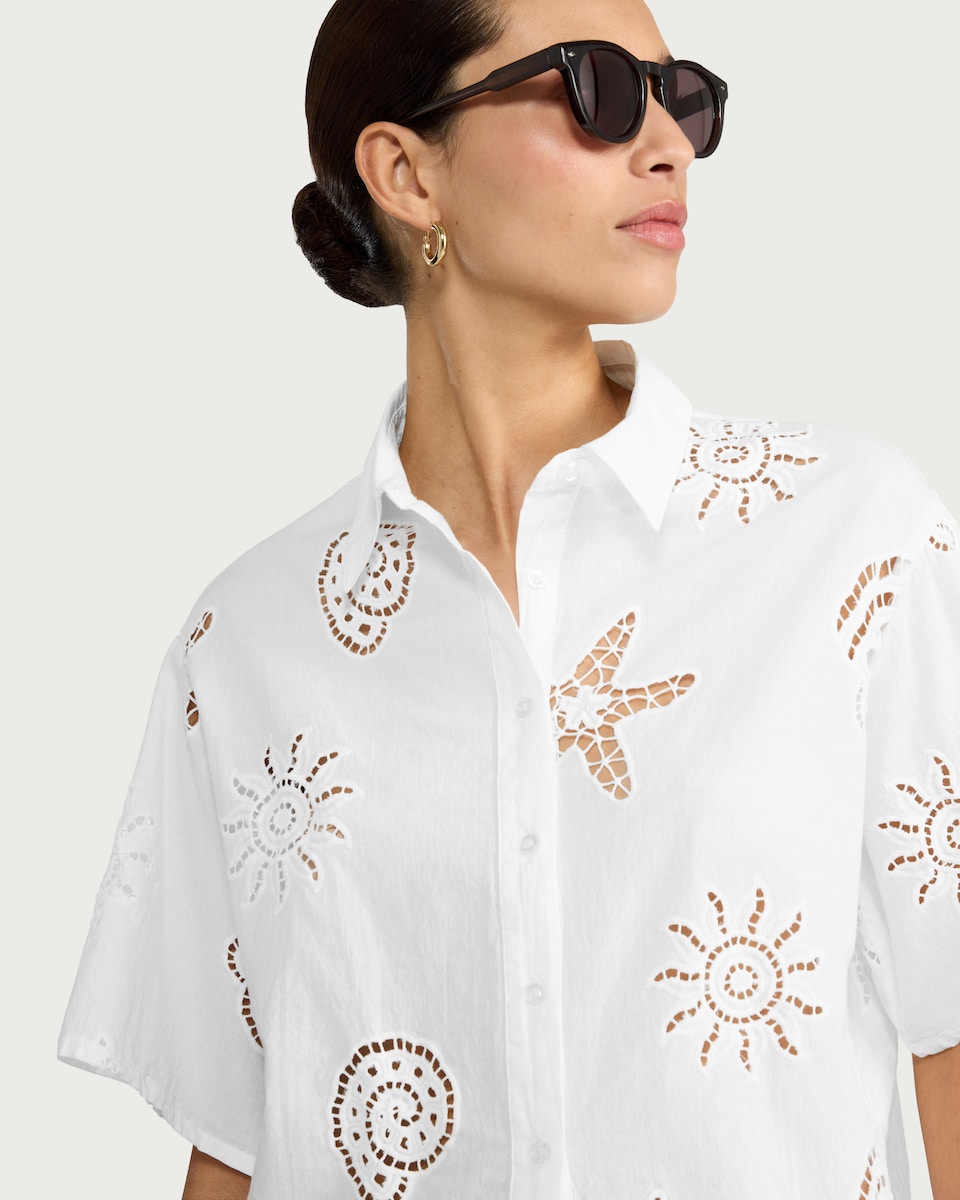 image 1 of F&F Pure Cotton Cutwork Co-ord Shirt in White
