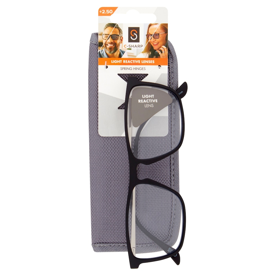 C-Sharp Light Reactive Lenses Reading Glasses & Case +2.5