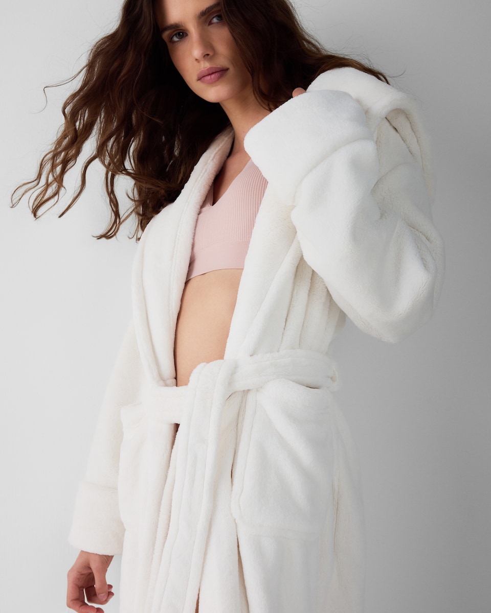 image 1 of F&F Fleece Hooded Dressing Gown in Cream
