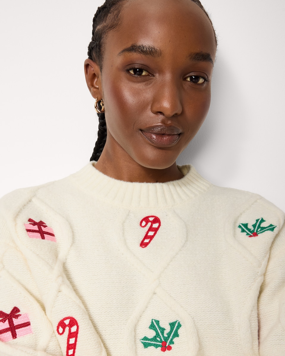 image 1 of Christmas Cable Knit Embroidered Jumper in Cream