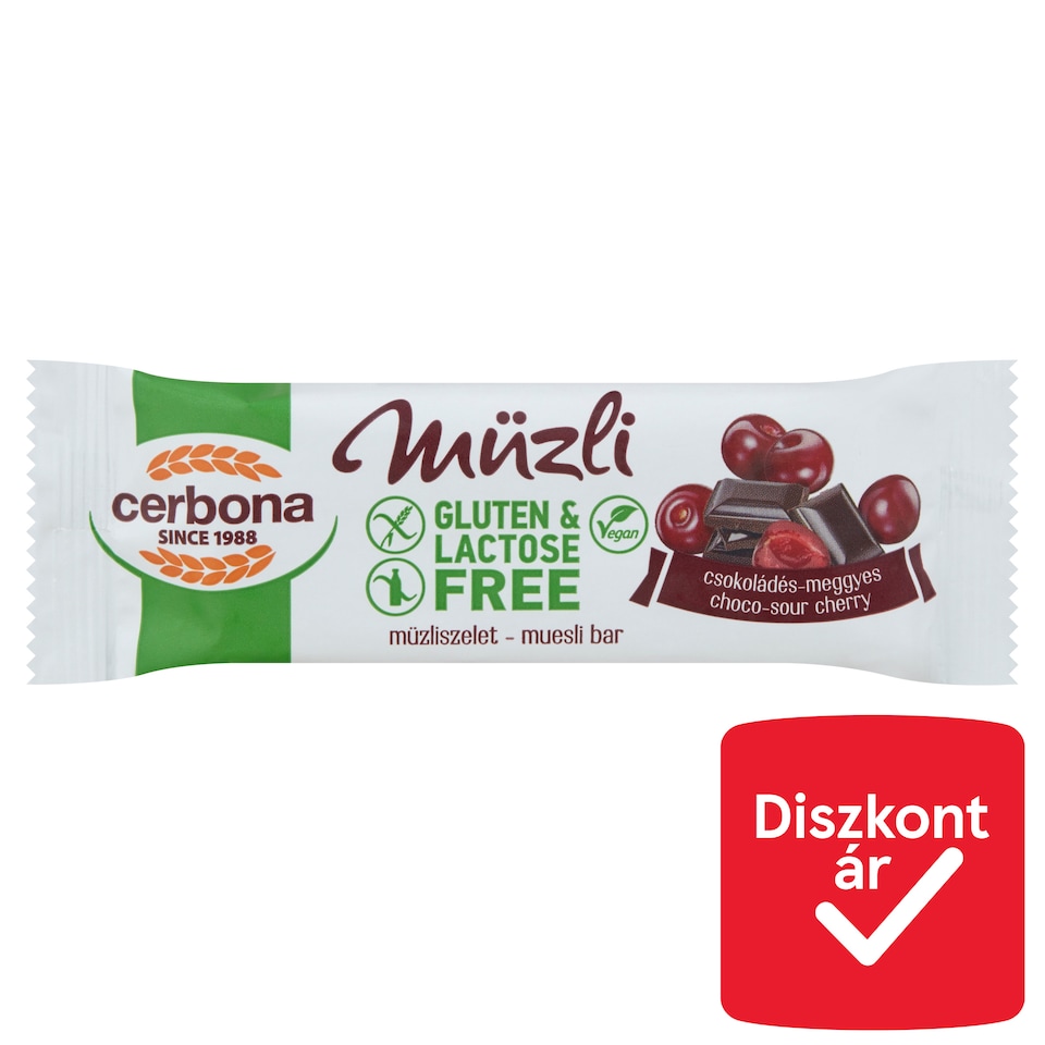 Cerbona gluténmentes, laktózmentes csokoládés-meggyes müzliszelet 35 g  1. kép