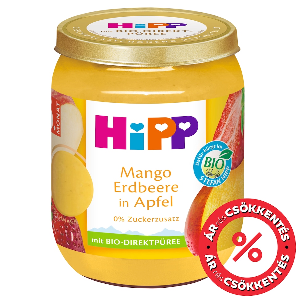 HiPP bio gyümölcskészítmény alma mangóval és eperrel bébidesszert 6 hónapos kortól 160 g 1. kép