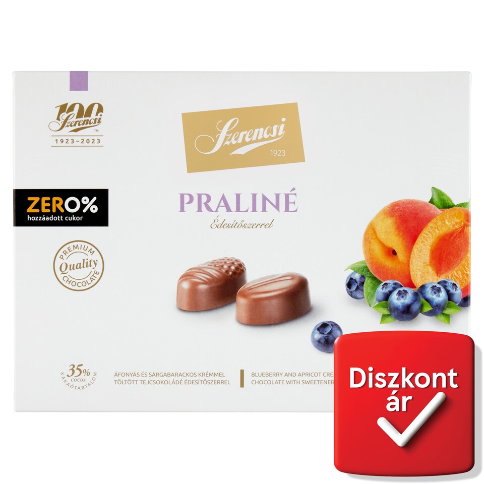 Szerencsi Zero% praliné áfonyás és sárgabarackos krémmel töltött tejcsokoládé édesítőszerrel 105 g  1. kép