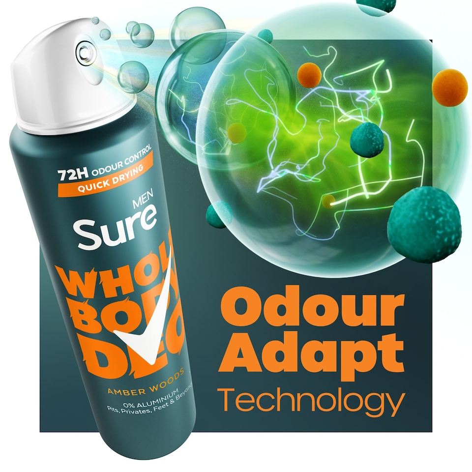 image 1 of Sure Men Amber Woods 72h Whole Body Deodorant Odour Control Spray 150ml