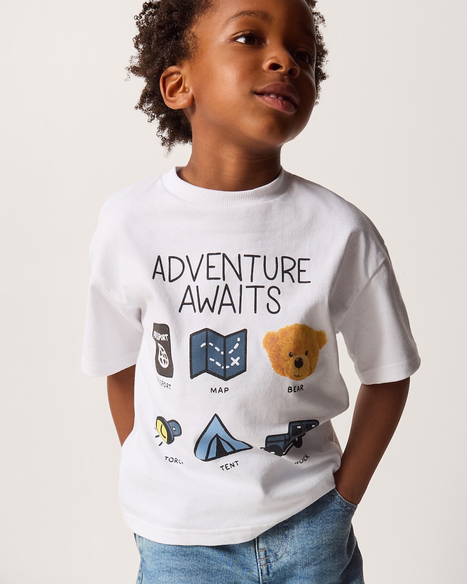 image 1 of F&F Boys Pure Cotton Adventure T-Shirt in White