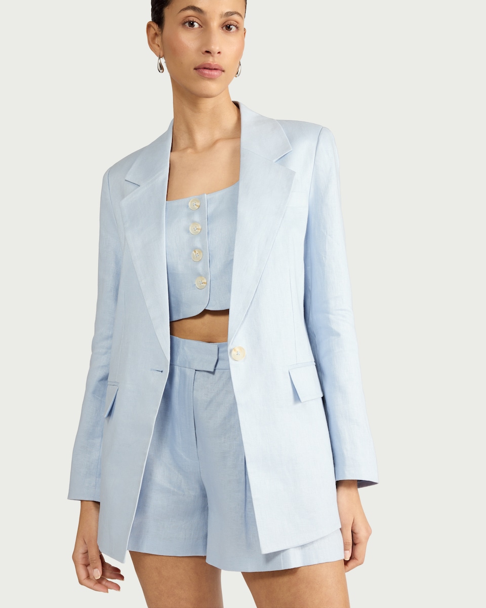 image 1 of F&F Pure Linen Tailored Single Breasted Blazer in Blue