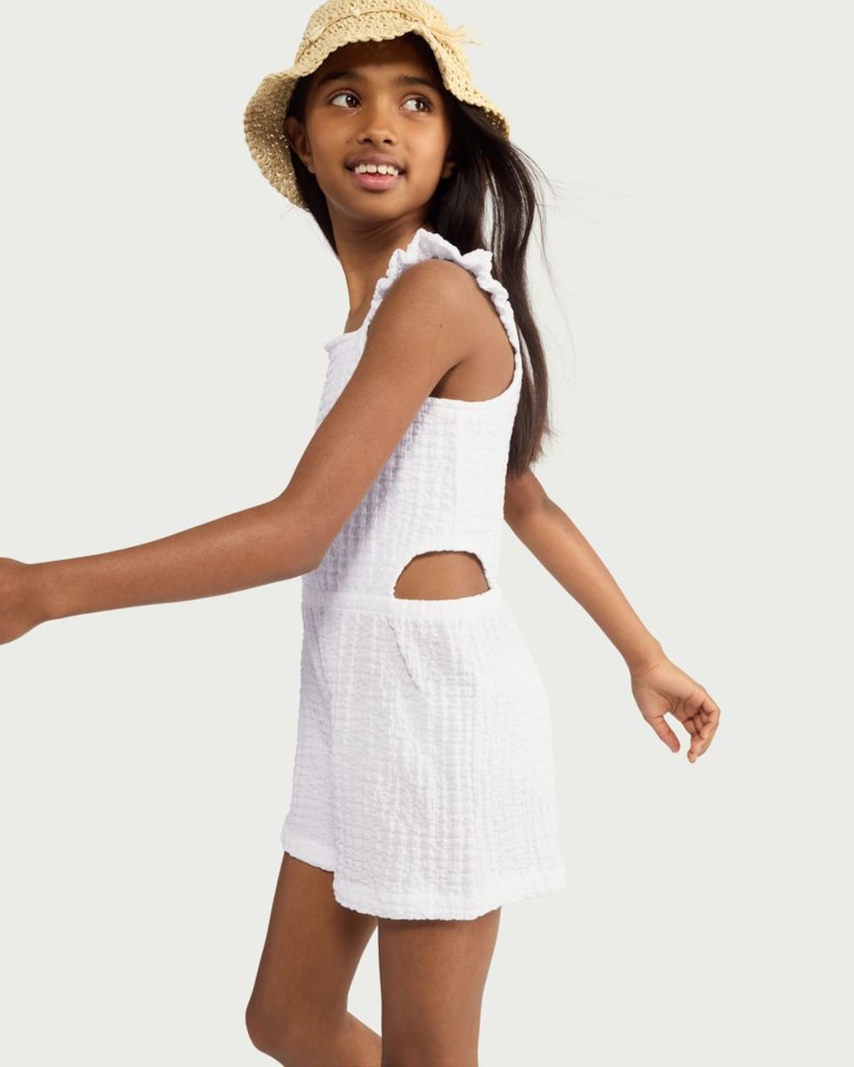 image 1 of F&F Girls Textured Ruffle Strap Playsuit in White