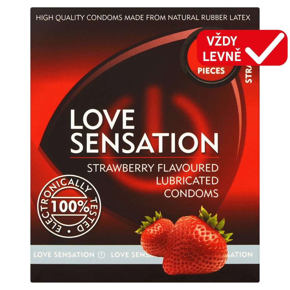 Love Sensation Hladké lubrikované kondomy s jahodovou vůní 3 ks