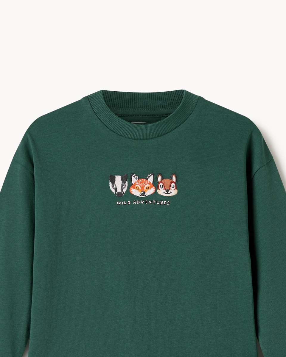 image 1 of F&F Boys Pure Cotton Animal Long Sleeved Top in Green
