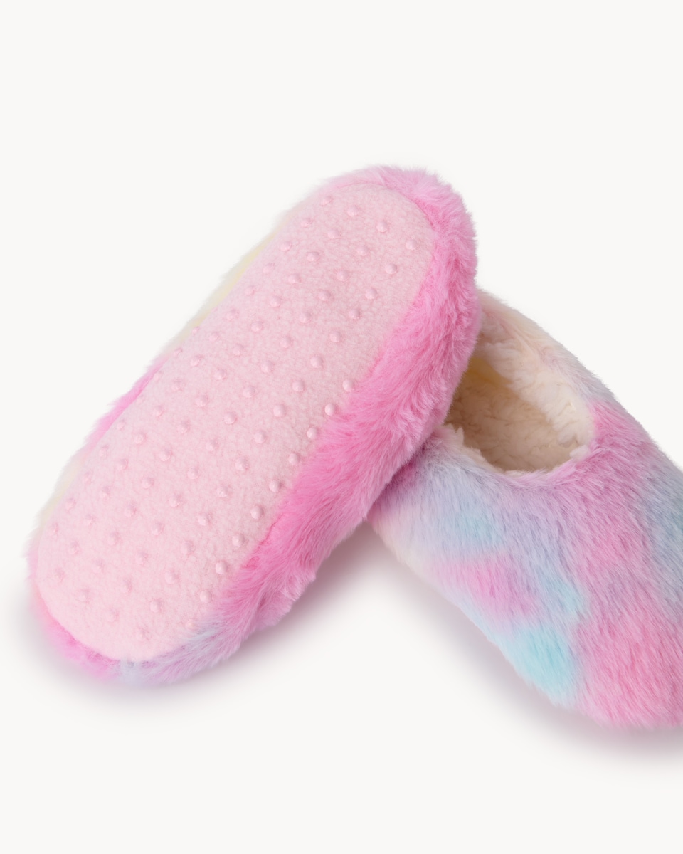 image 1 of F&F Girls Faux Fur Rainbow Slippers in Multi