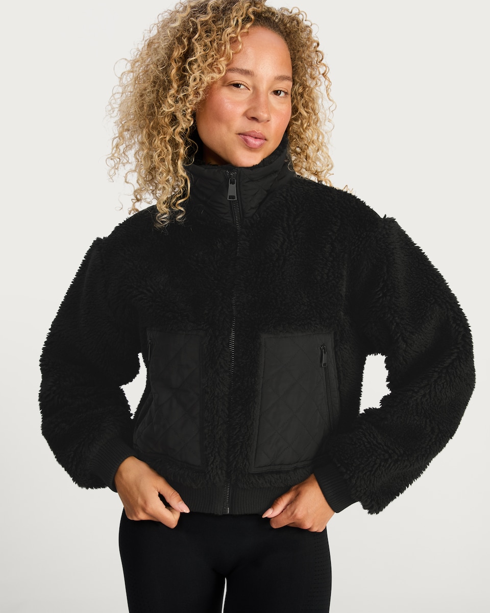 image 1 of F&F Quilted Pocket Teddy Cropped Jacket in Black