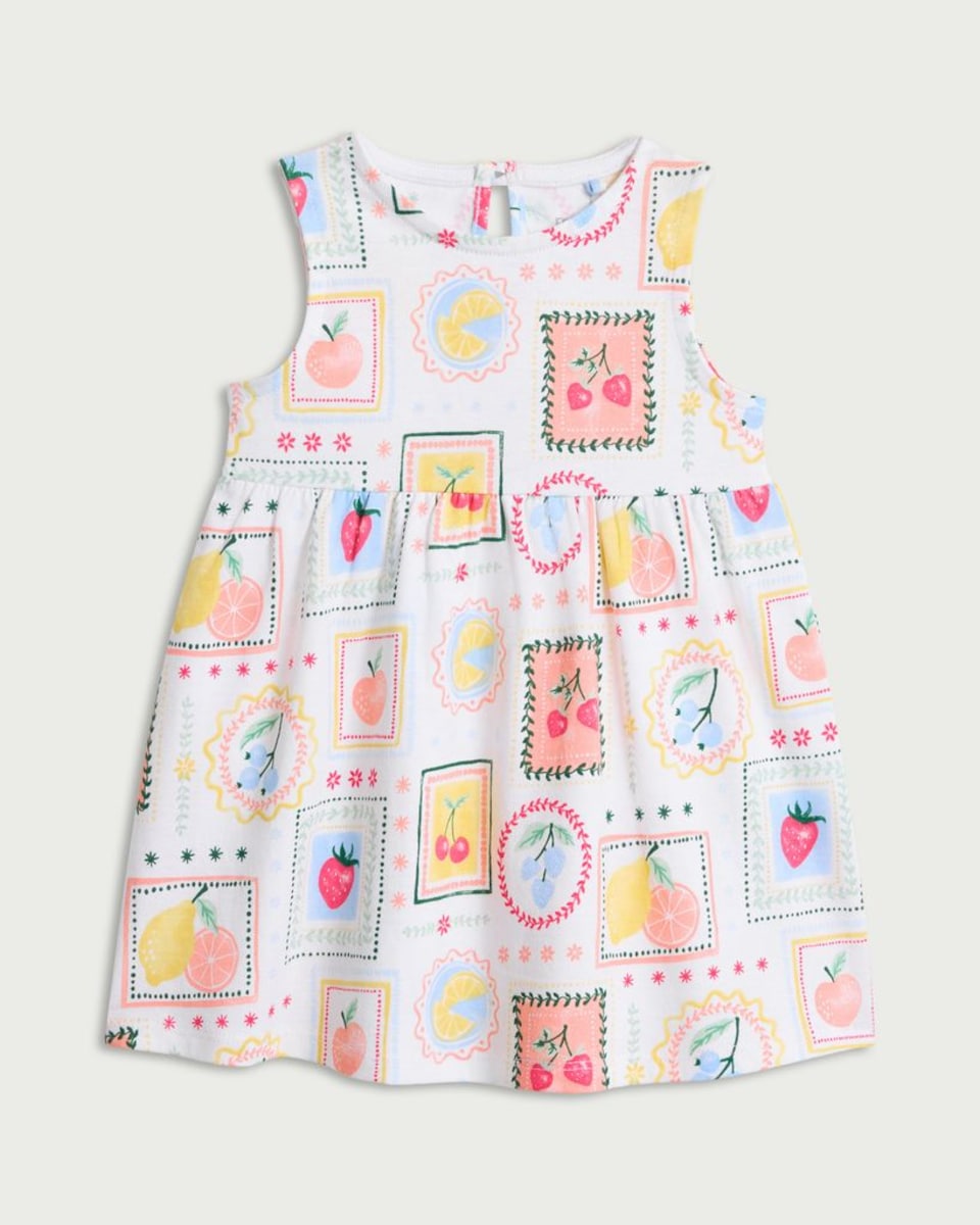 image 1 of F&F Baby Pure Cotton Fruit Print Sleeveless Dress in Cream