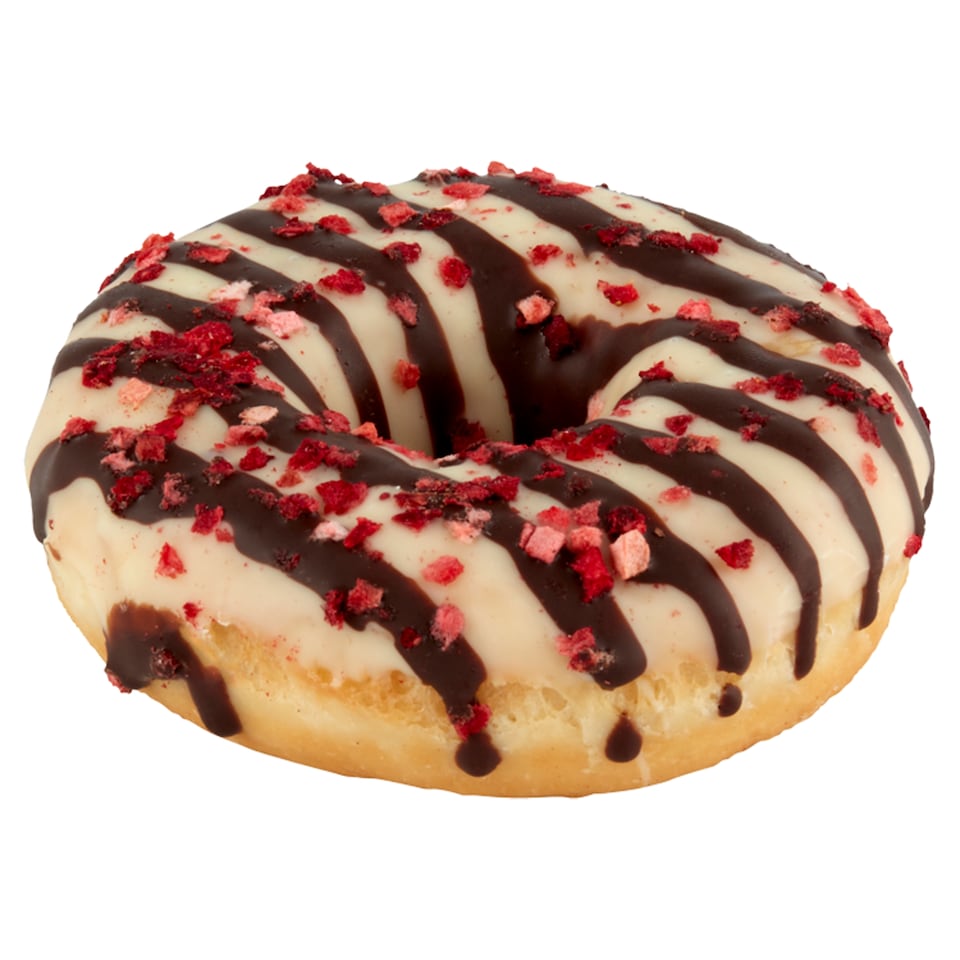 image 1 of Donut with Strawberry Flavored Filling, White Chocolate Coating and Strawberry Pieces Defrosted 73 g