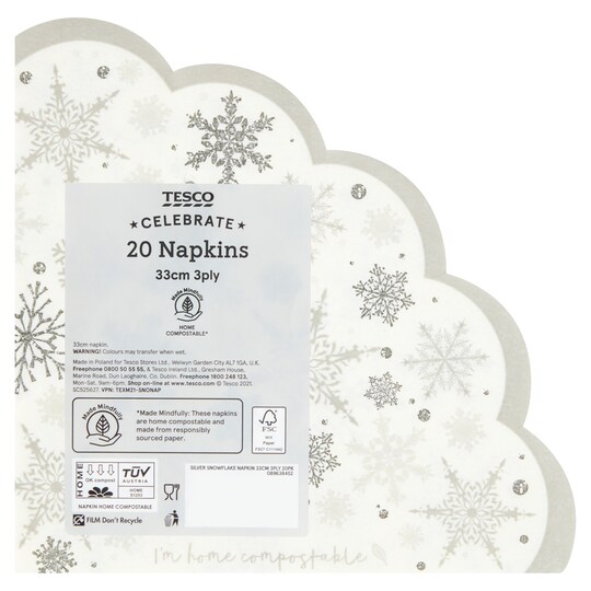 Tesco Silver Snowflake Napkin 33Cm 3Ply 20 Pack Tesco Groceries