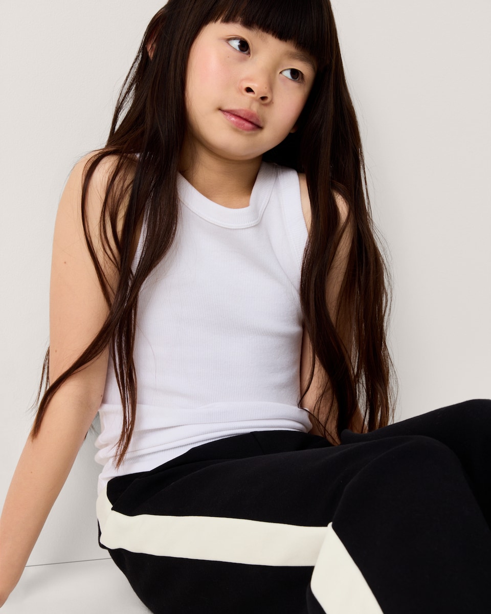 image 1 of F&F Girls Cotton Rich Side Stripe Wide Leg Joggers in Black